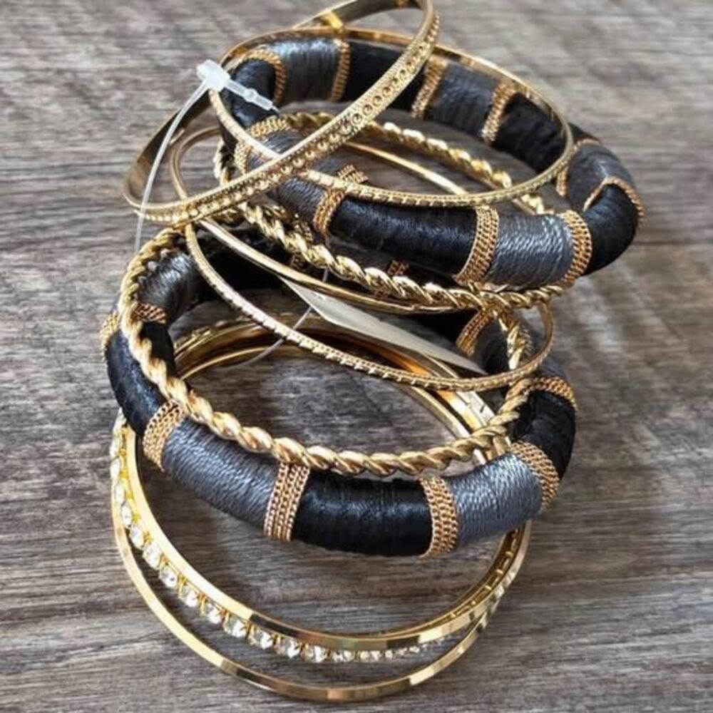 Gold-Toned and Thread-Wrapped Bangle Bracelet Set